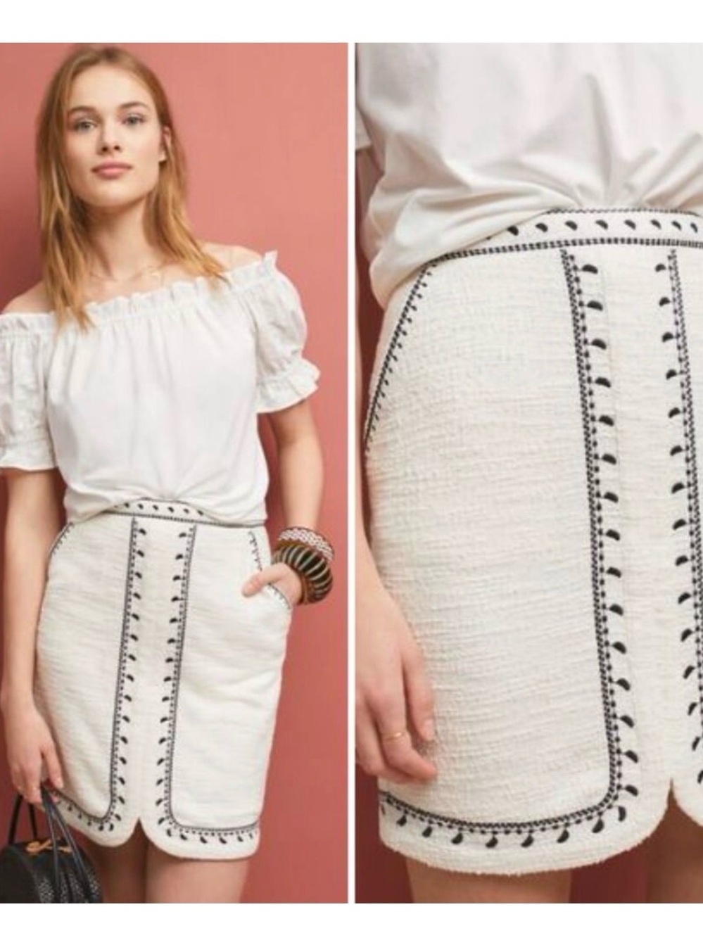 Anthropologie (DOLAN) White Mini Skirt with Black Embroidered Trim